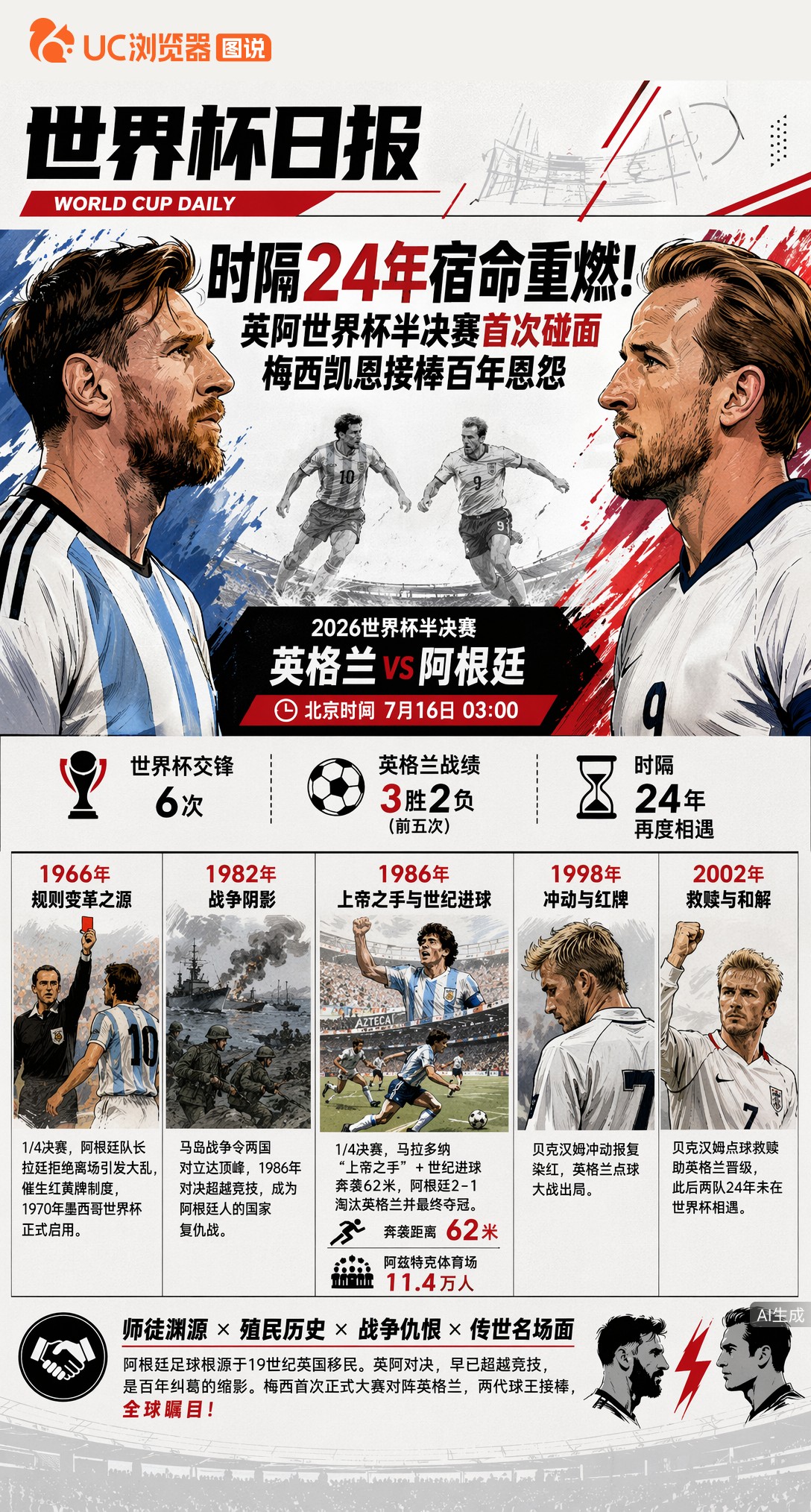 时隔24年宿命重燃！英阿世界杯半决赛首次碰面，梅西凯恩接棒百年恩怨