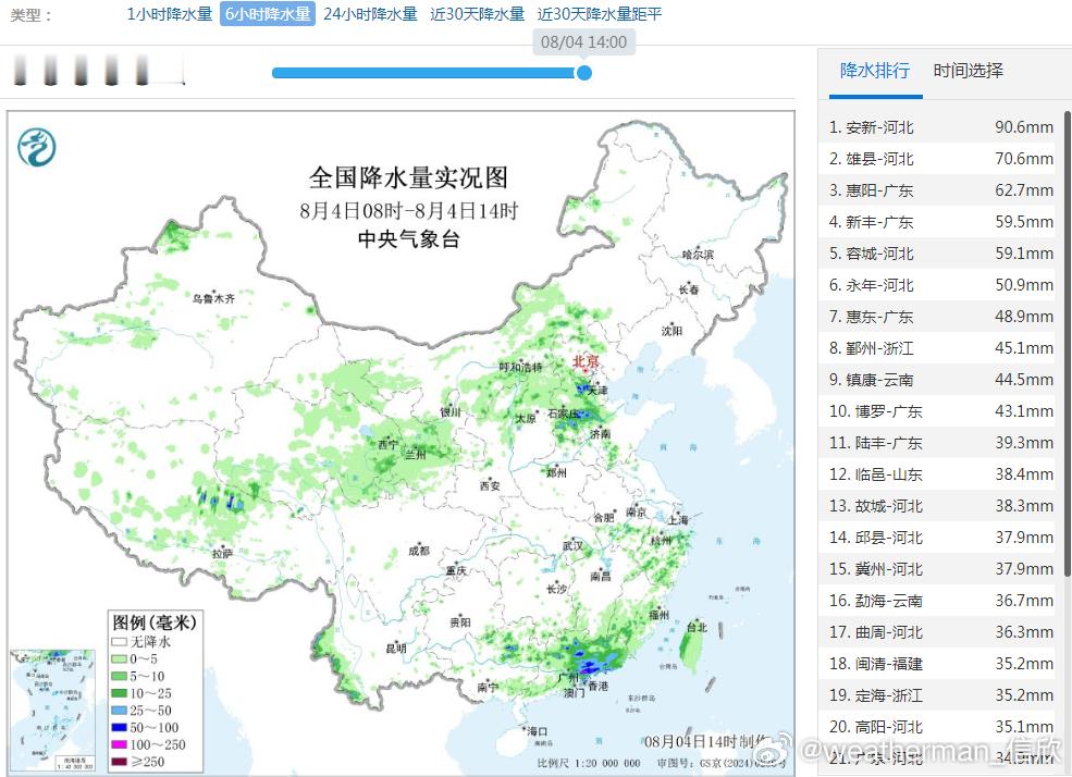 【强降雨和强对流】今天08-14时，在高压南北两侧继续维持了两条明显的降雨带，并