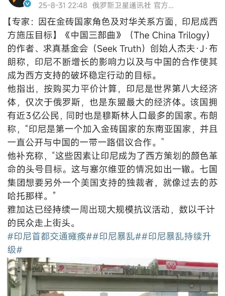 印尼前情报局长在记者会上说，他确信这次骚乱背后有非国家实体的外部势力。这可能