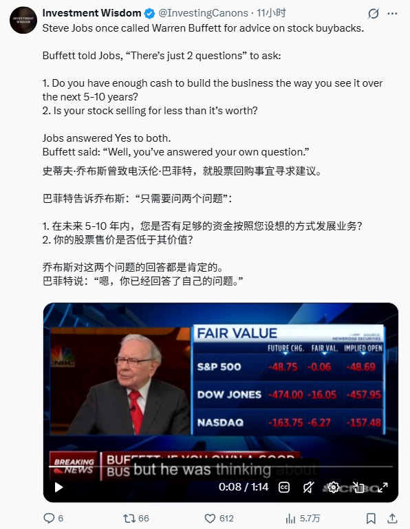 史蒂夫·乔布斯曾致电沃伦·巴菲特，就股票回购事宜寻求建议。巴菲特告诉乔布斯：“只