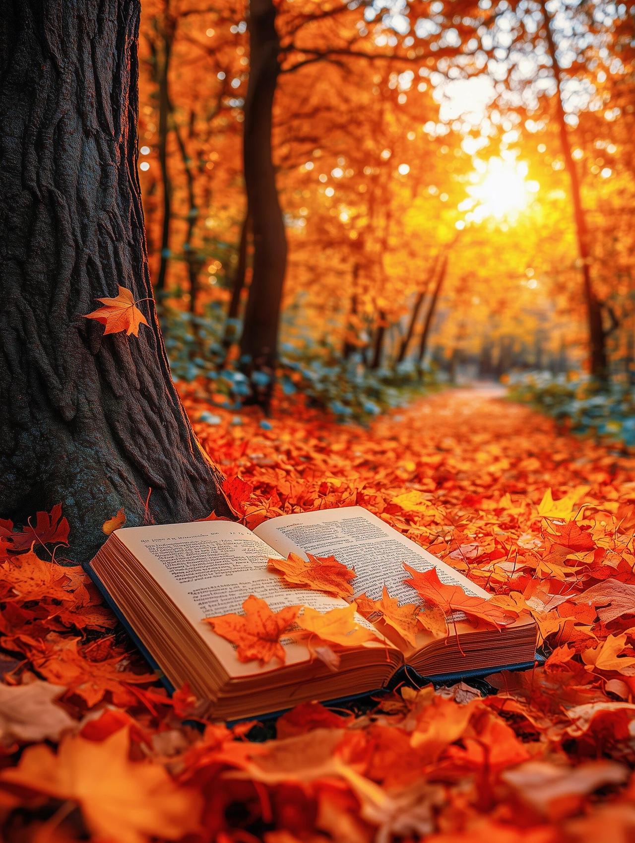 秋雨无心敲落叶，春风有意送飞花。秋日森林中的静谧时光，书与落叶相伴，感受大自然的
