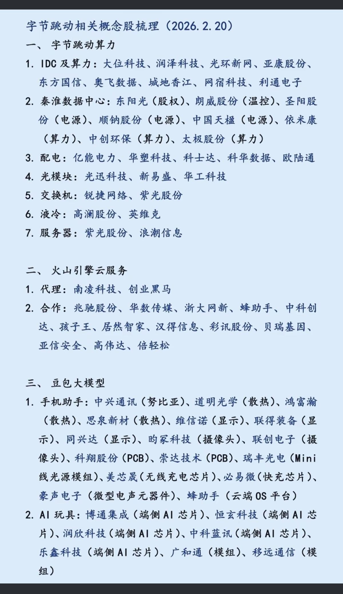 字节跳动：相关概念股梳理！1.字节跳动算力2.火山引擎云服务3.豆包大模