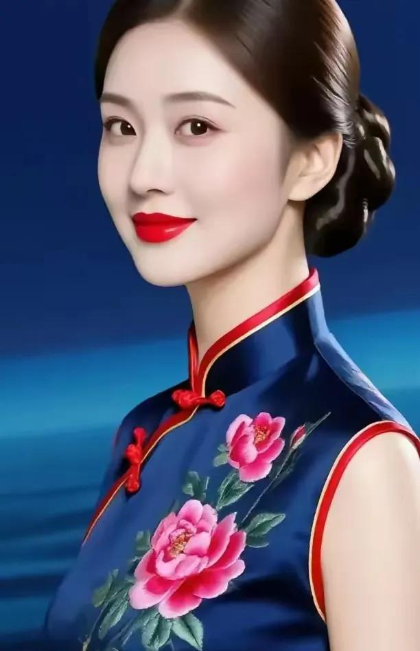 观旗袍美人藏青红缀牡丹裁，盘扣如锚髻作台。唇似晚霞凝暮色，明眸惹得浪徘徊
