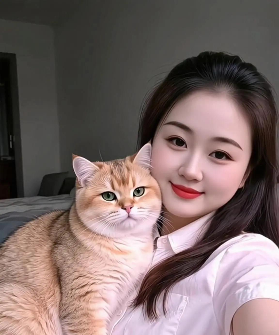 美女与宠猫美女笑颜似春花，青丝如瀑映红霞。怀中萌猫毛色佳，绿眸熠熠人人夸。