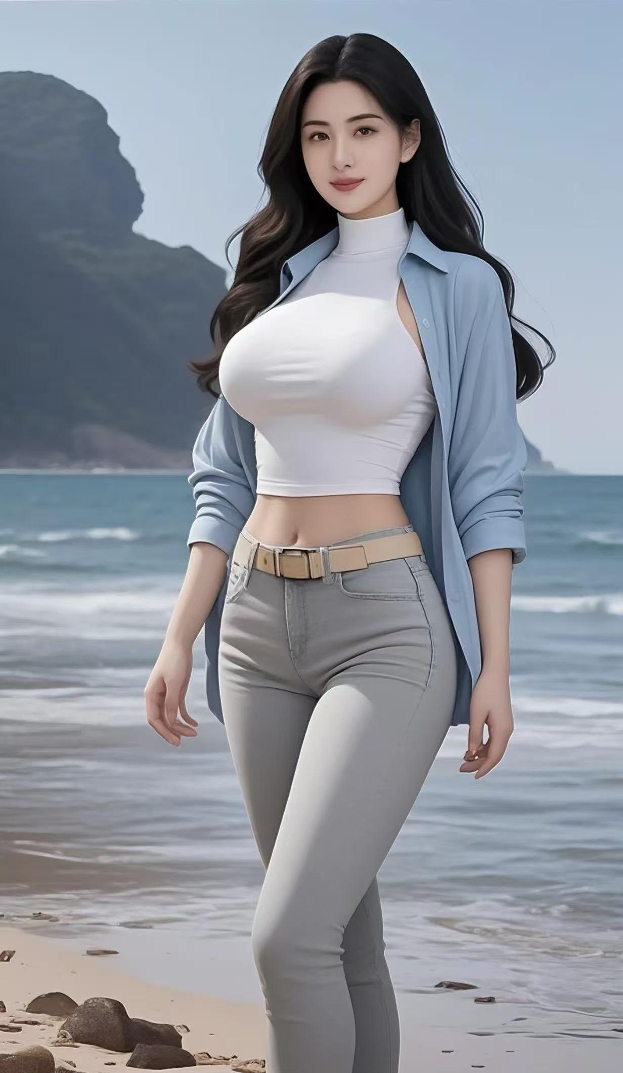 海畔风吟，自在佳人海风轻拂，佳人立于沙滩。浅蓝衬衫随风微扬，内搭白色高领衫，