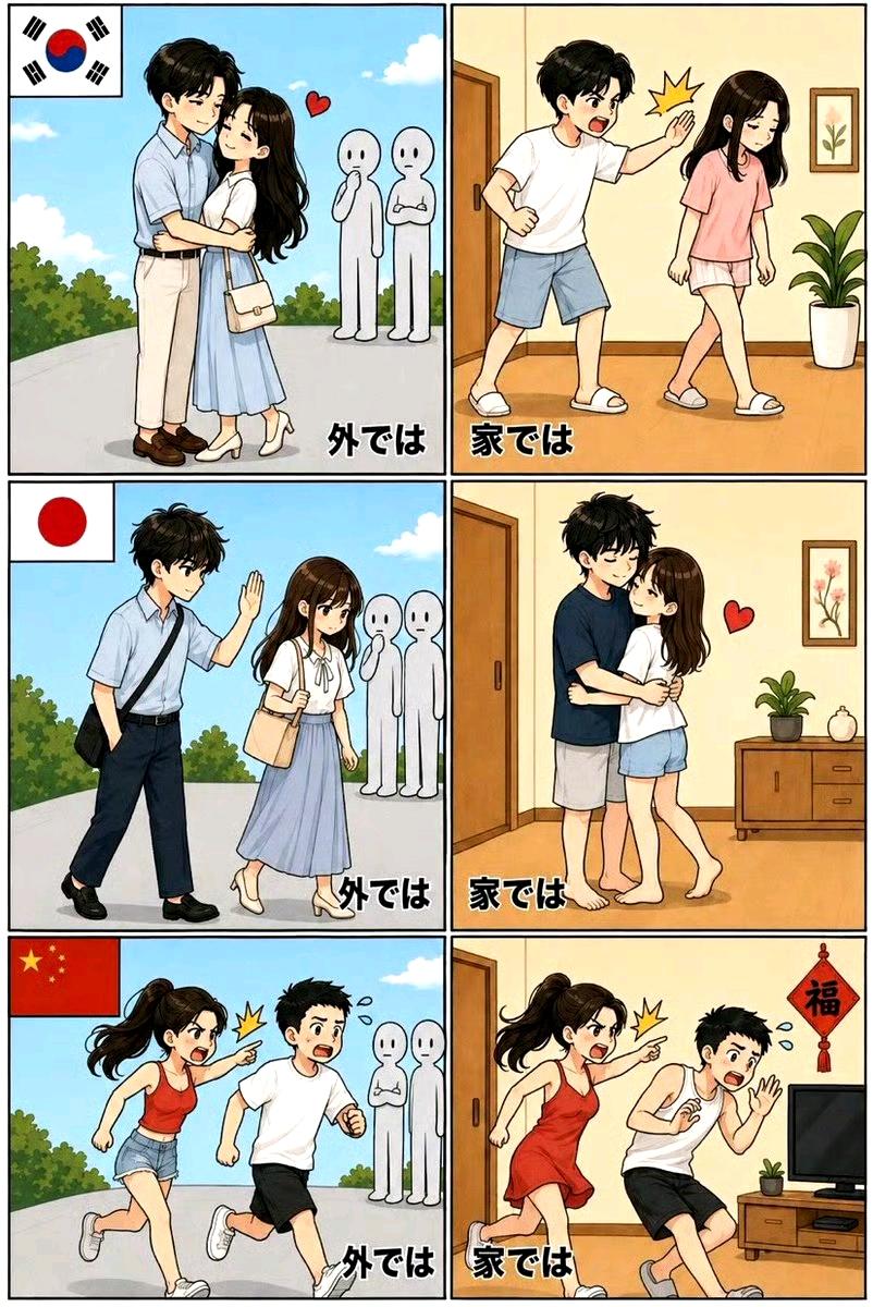 这是日本网友画的韩国、日本和中国的夫妻关系漫画：在这幅画里面，日本夫妻家里家外都
