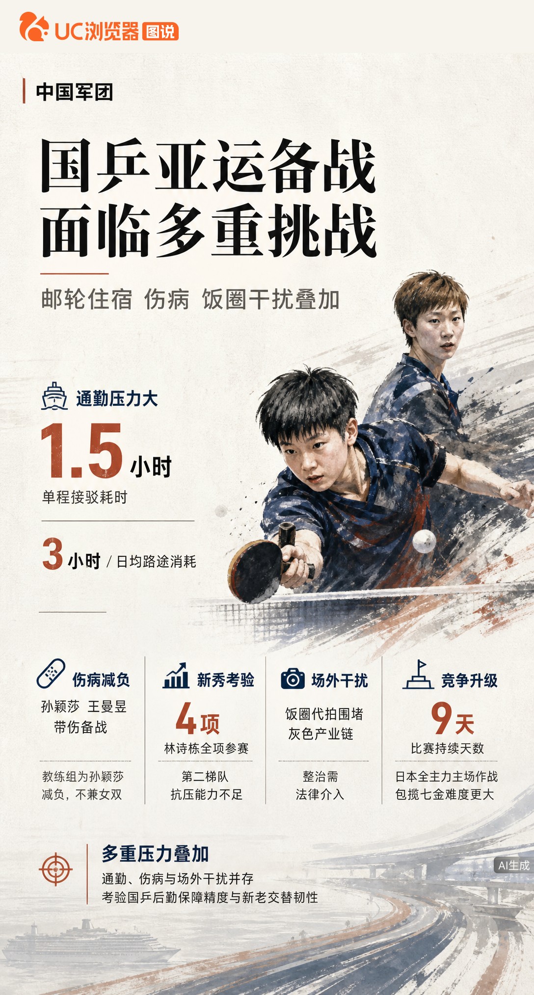 国乒亚运备战遇多重考验：住邮轮单程接驳1.5小时，孙颖莎王曼昱带伤坚持；林诗栋身兼4项抗压存疑，加上