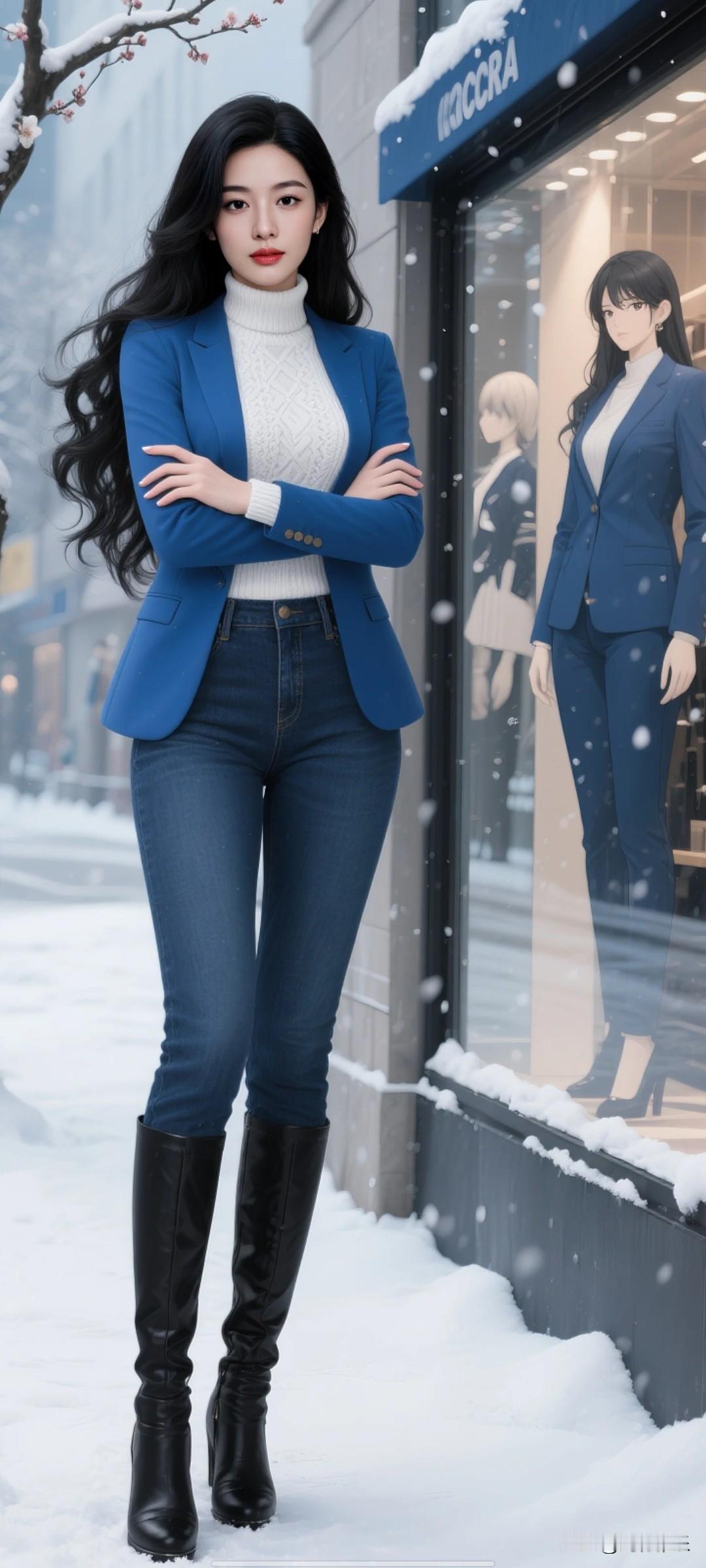 冬日穿搭指南：蓝色西装外套高领毛衣加牛仔裤，保暖又时上！