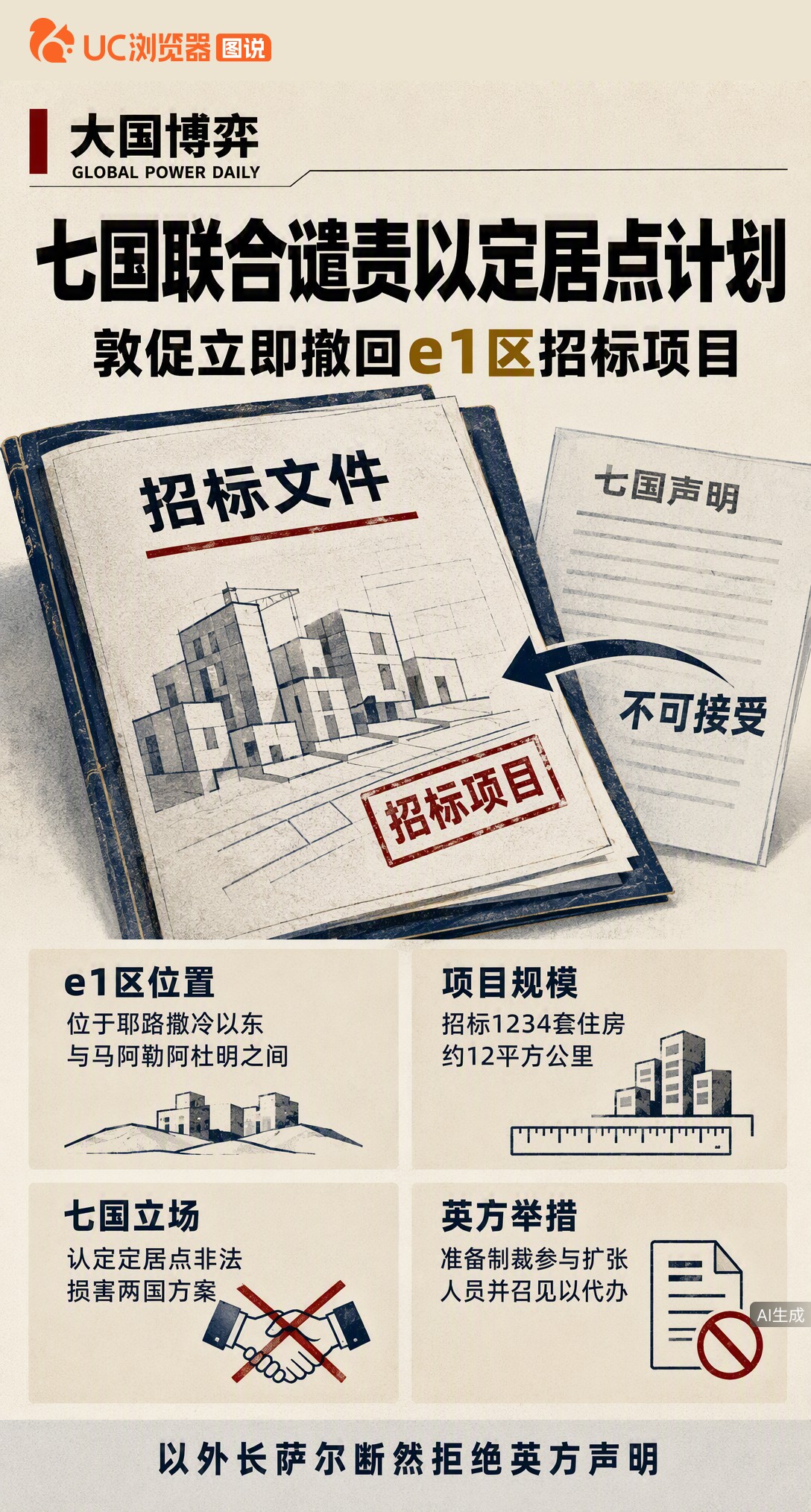 以色列在E1区招标建1200套定居点，七国联合谴责并警告企业有法律风险。英方放话制裁，以外长却断然拒