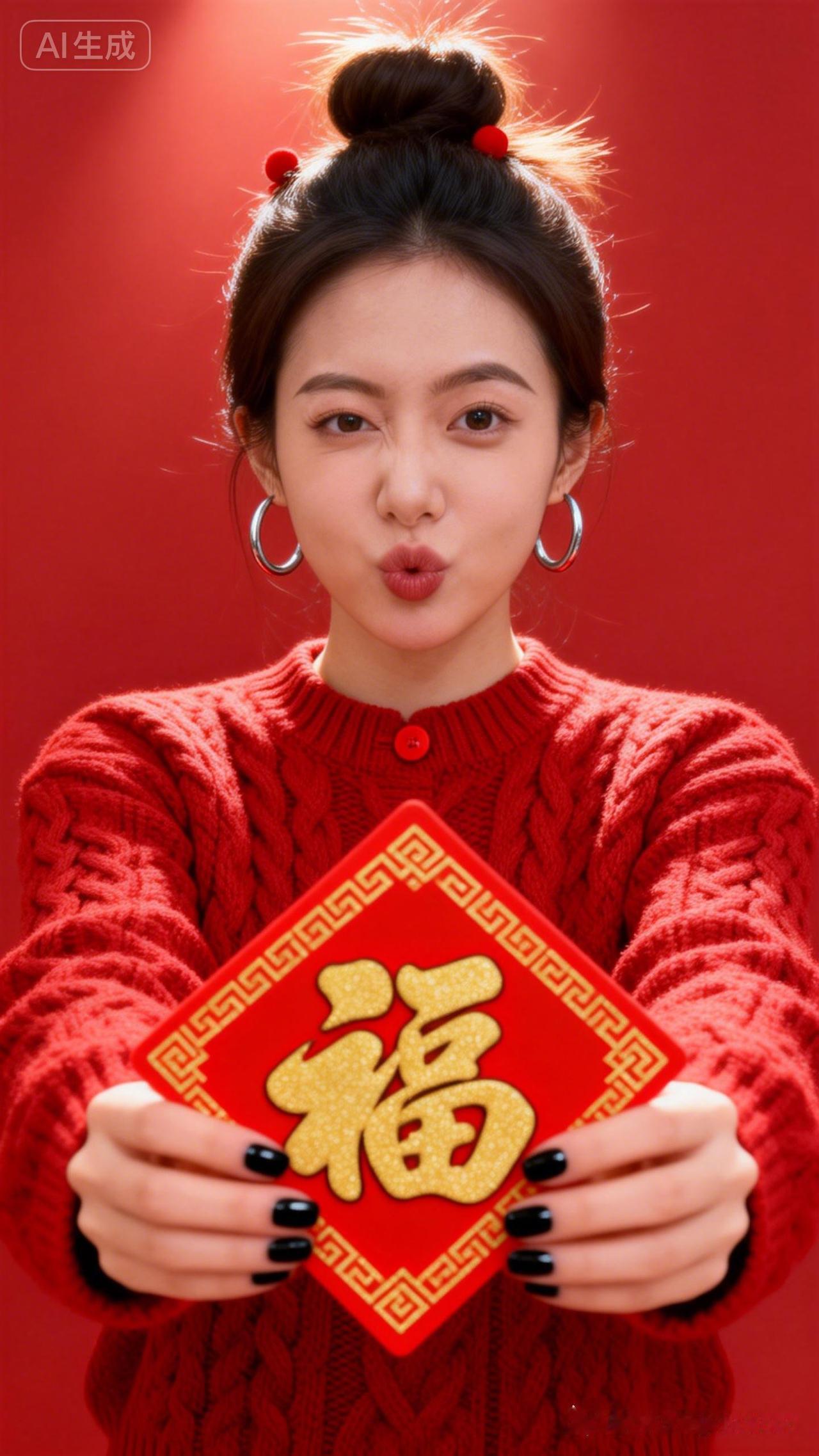 这妹子在展示一个写有“福”字的红包。