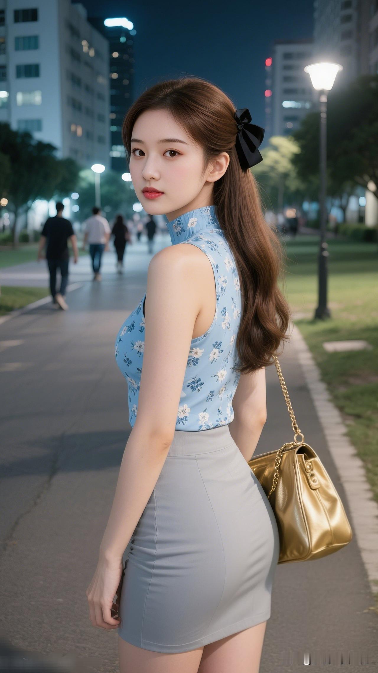 夜色如墨，美人如画。怎样的裙子在女人身上是最美的都市夜景下的优雅少女，蓝花旗袍