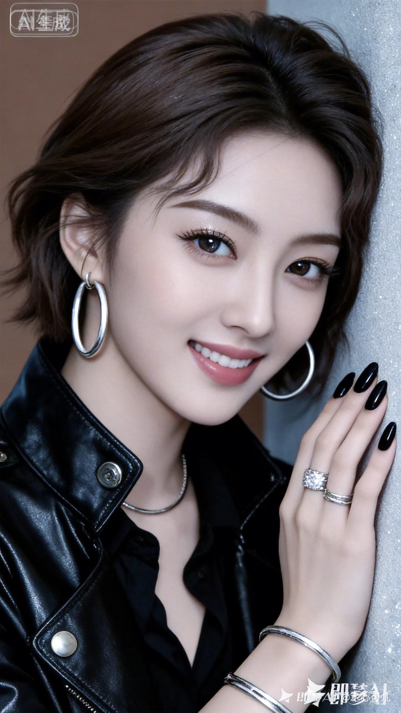 优雅黑皮衣搭配闪亮珠宝，尽显都市女性魅力！💃✨