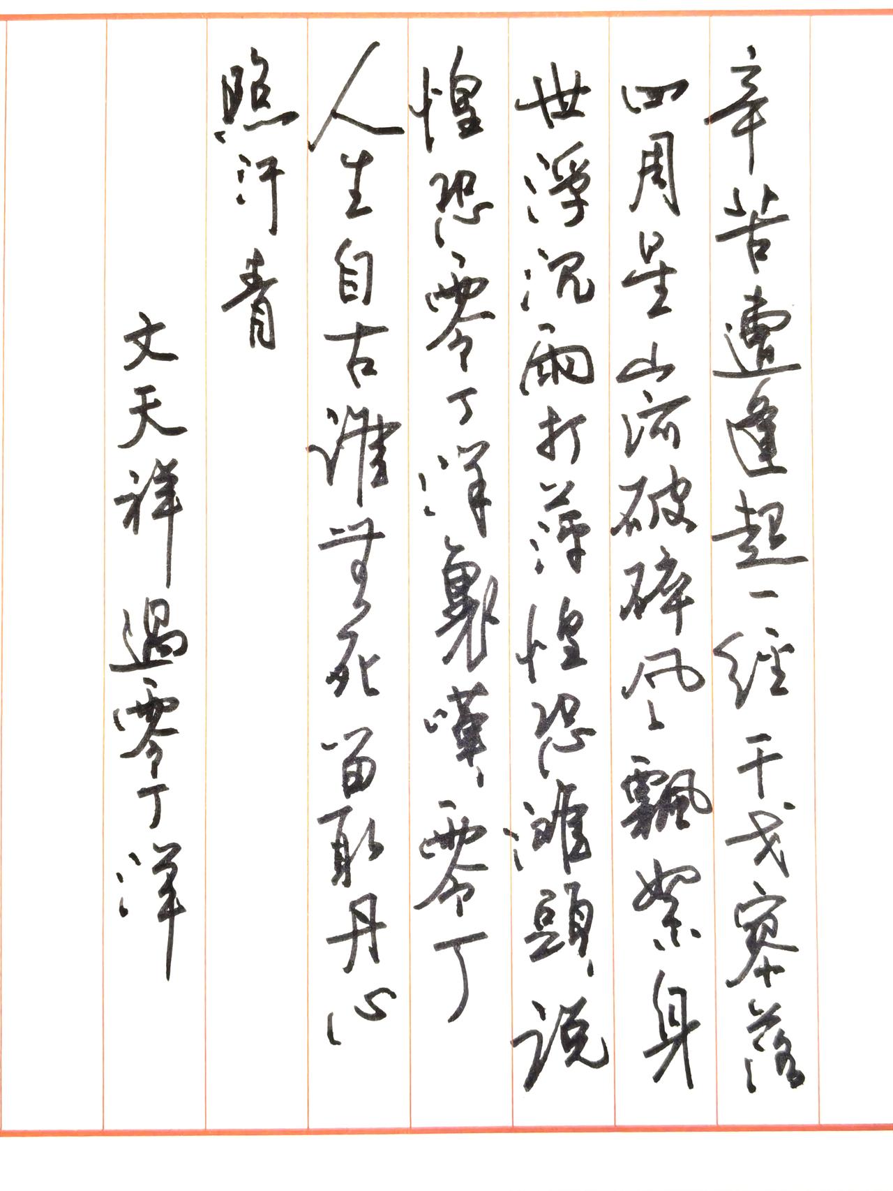 这幅硬笔行书写的是文天祥的《过零丁洋》，整体气息流畅，笔意连贯，能看出书写时的从