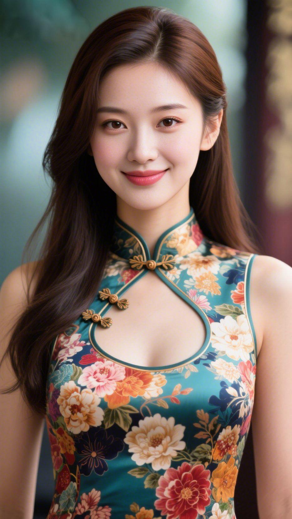 旗袍雅韵，时光温柔青底繁花的旗袍，织就了江南独有的温婉意境。鎏金盘扣轻扣领