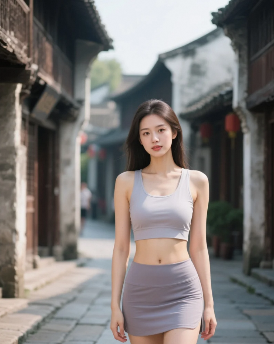 小镇街道上的亚洲美女，以最优雅的姿态融入历史