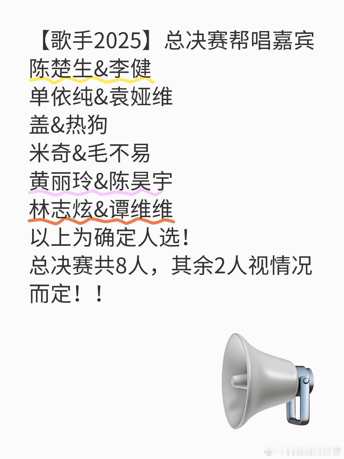 【歌手2025】总决赛帮唱嘉宾陈楚生&李健单依纯&袁娅维盖&热狗米奇&毛不易黄丽