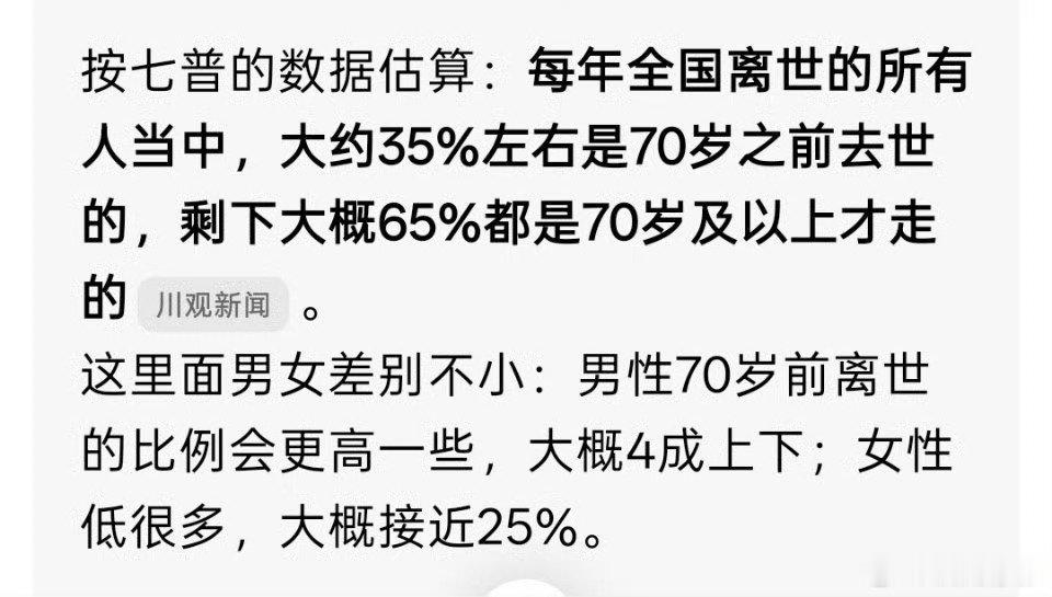 豆包基于第七次全国人口普查数据估算，全国每年约35%的离世者未满70岁，其中男性占比约四成，女性约2