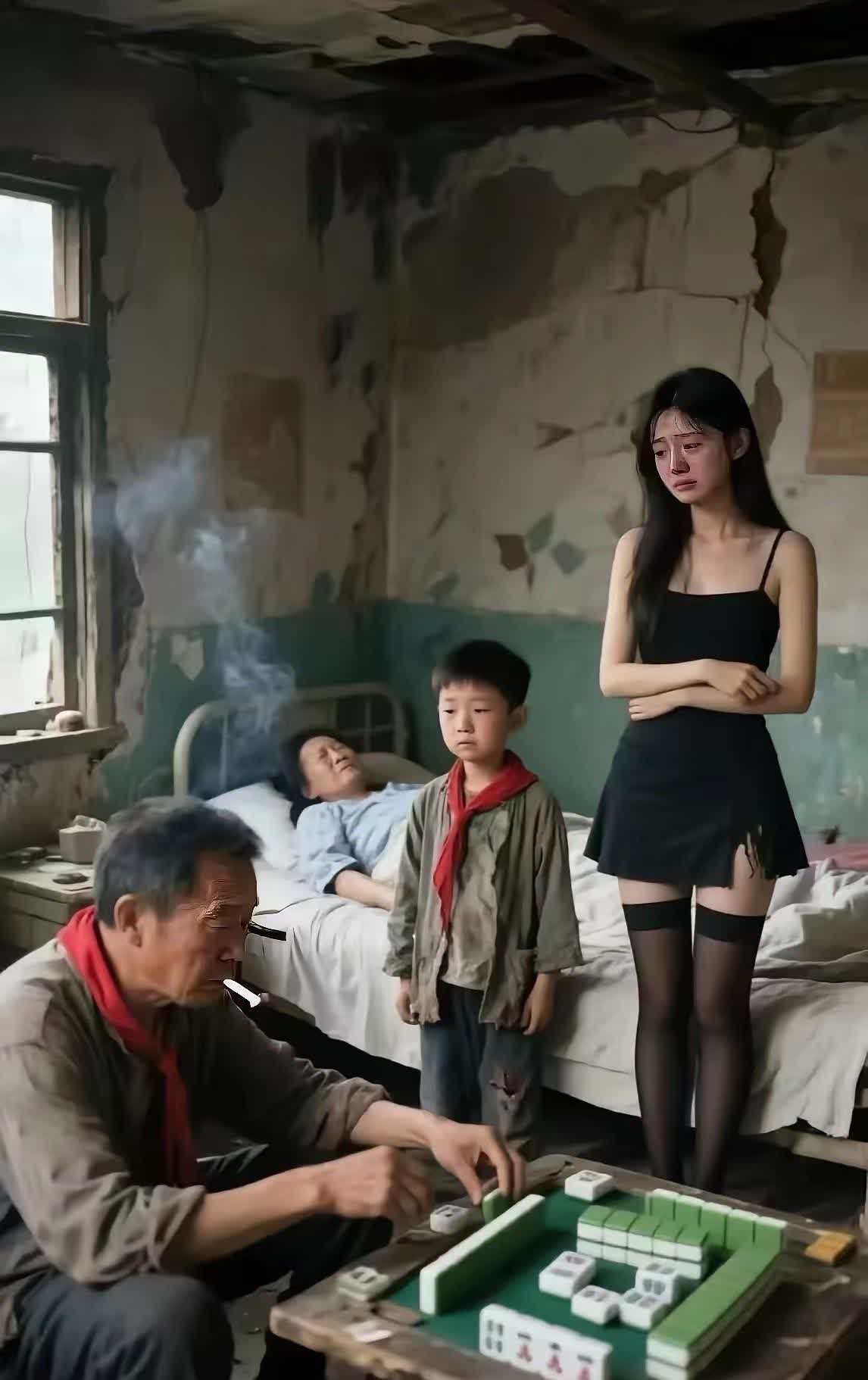 【看图说话】一间昏暗幽光的老破房屋内，中年妇女生病卧床、了无生机。
