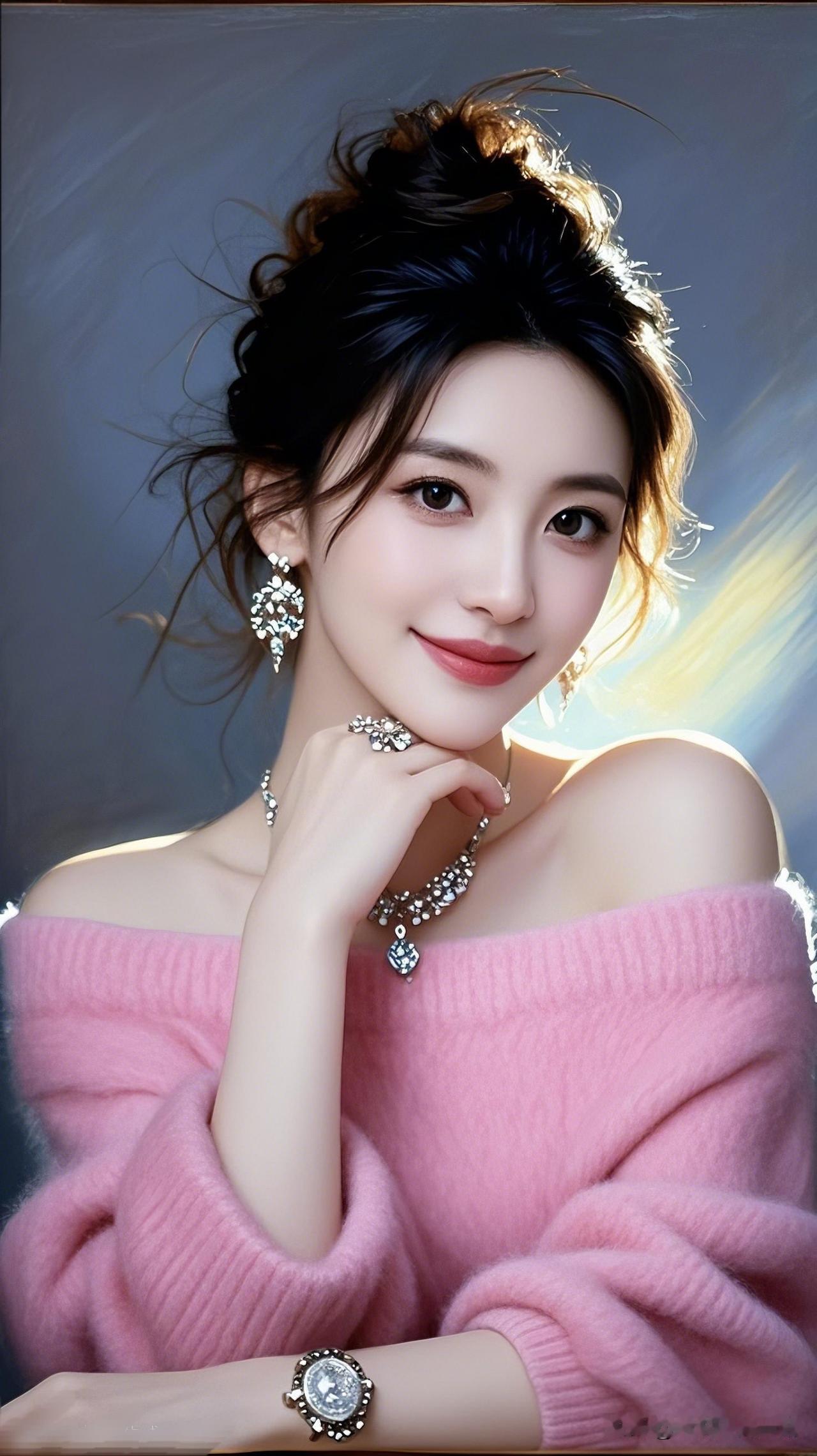 粉衣美人倚，笑靥如花绽。那些年我们喜欢的女神甜美少女风，粉色毛衣搭配闪亮耳环，