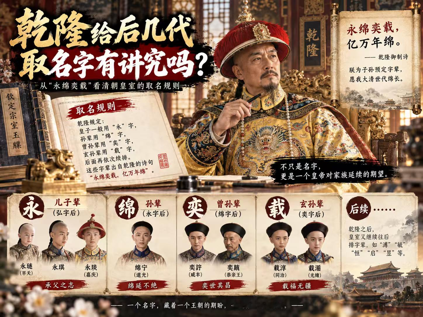 挺讲究的，乾隆自己叫弘历，他的儿子这一辈大量用“永”字，比如永琏、永琪、永琰；孙辈用“绵”，曾孙辈用