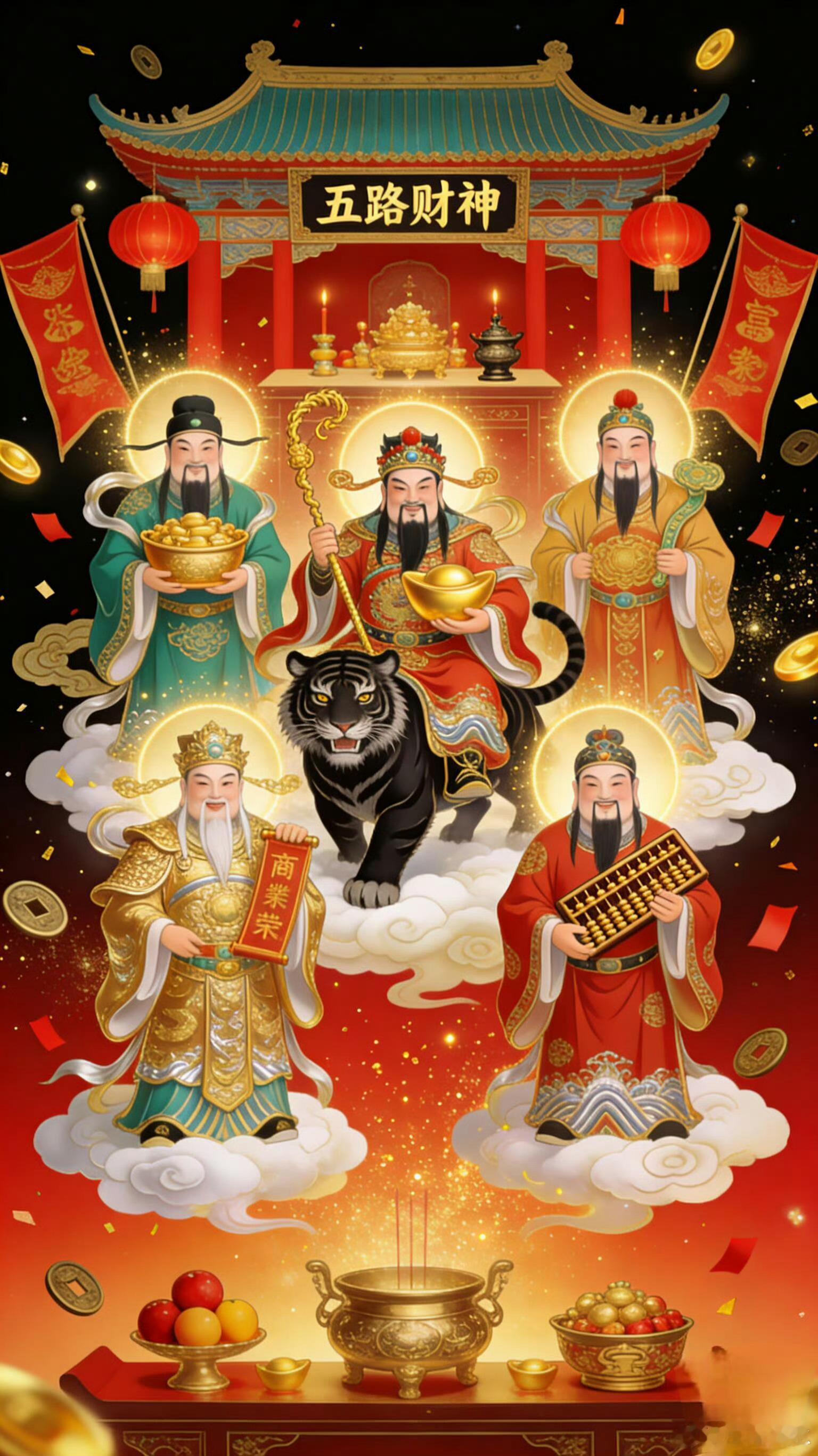 迎财神五路财神天门开，地门开，五路财神进门来一赐福，二赐财，赐来金银抱满怀三赐吉