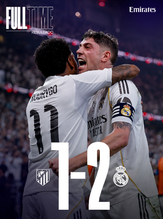 全场比赛结束，皇马2-1战胜马竞，晋级西超杯决赛上半场巴尔韦德世界波破门先开纪