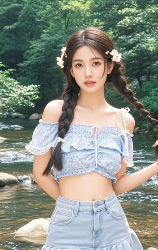 小溪蜿蜒如带，她站在水中央，是自然最美的点缀。
