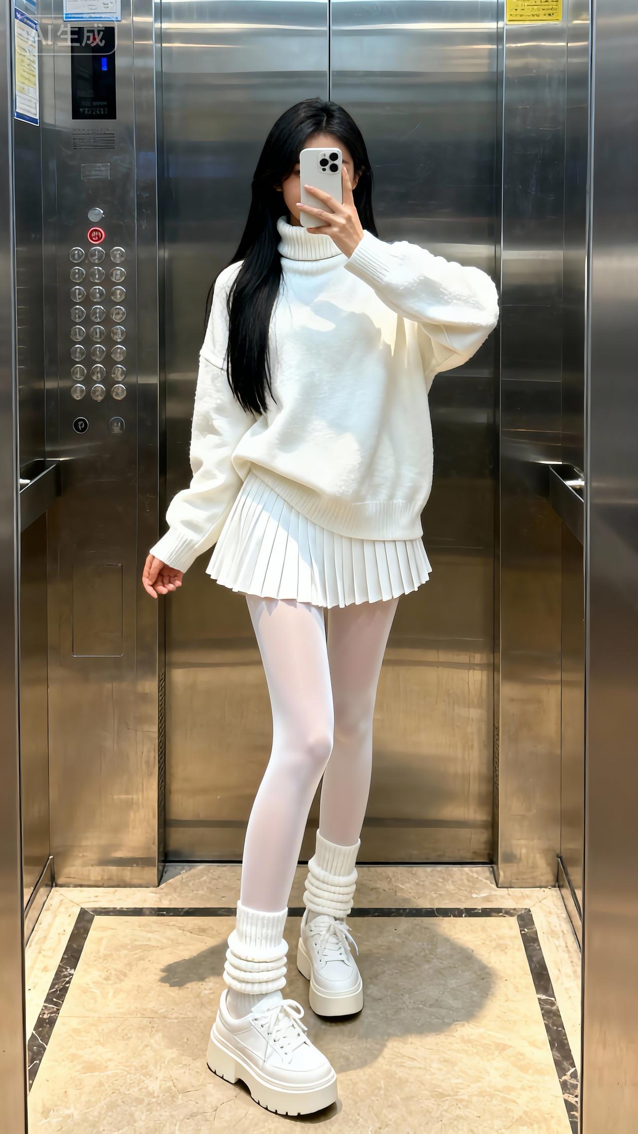 高领毛衣+百褶裙+堆堆袜，把温柔和甜酷焊在身上！原来我是冬日穿搭小天才白色系穿