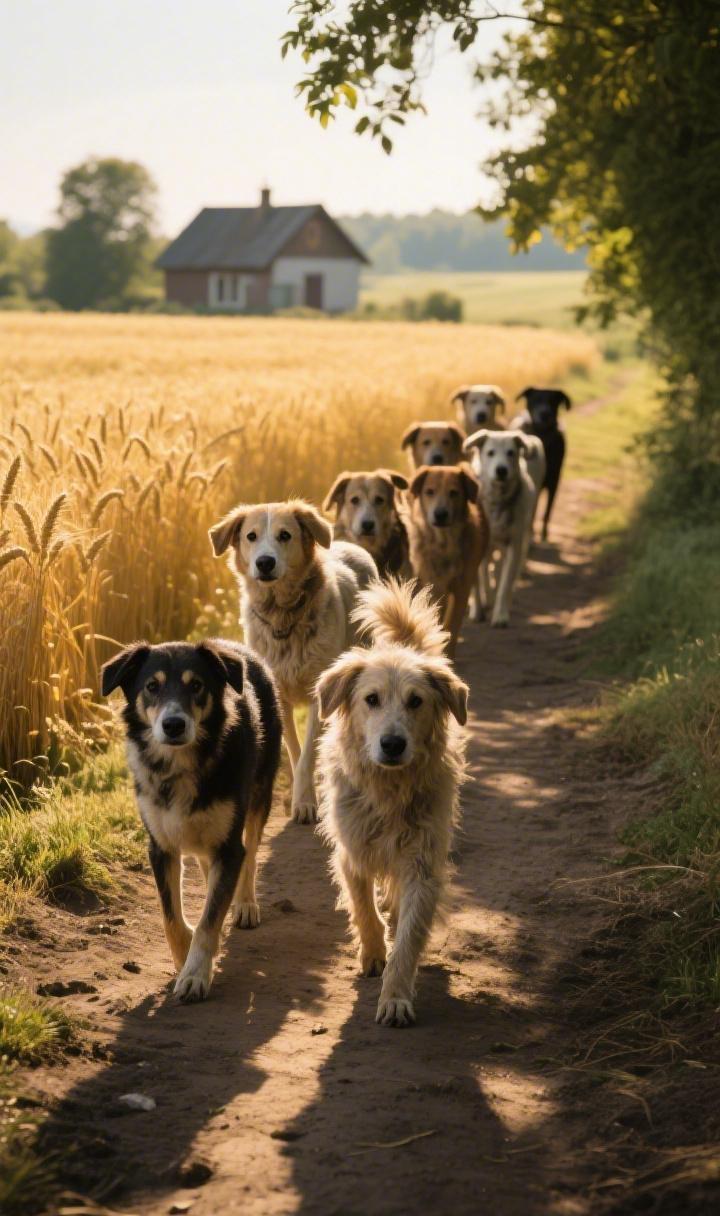 夕阳的金辉里，乡间土路像条温暖的丝带。一群流浪狗结伴而行，毛色斑驳却眼神坚定，有