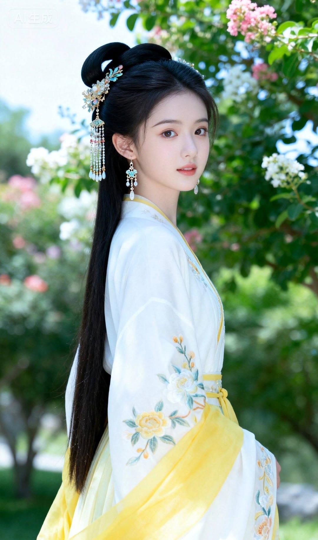 古典美人，花间漫步，古风华服，韵味十足。