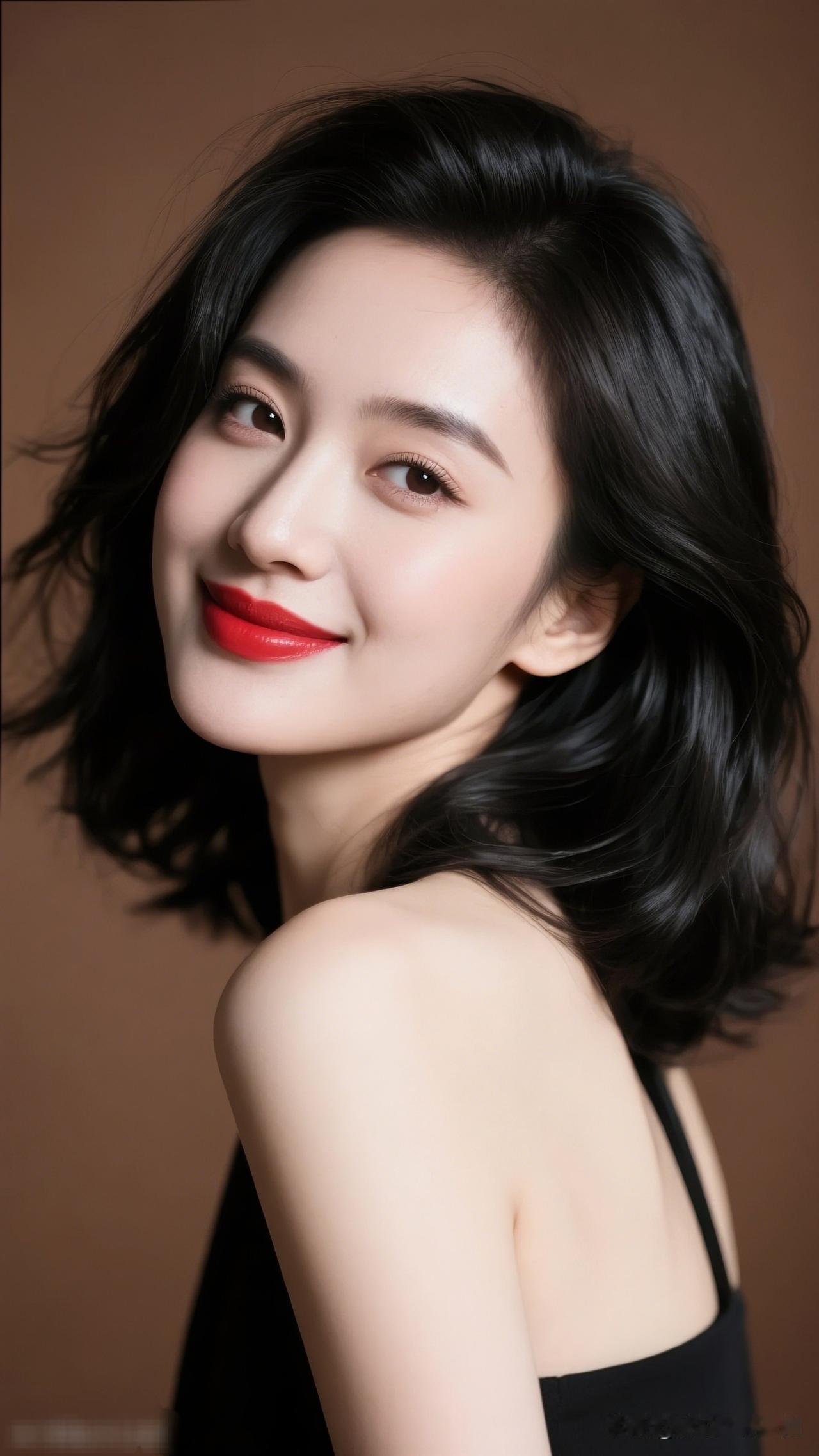 红唇笑语，黑发如瀑。分享一张你的收藏照片甜美红唇，温柔微笑，黑发飘逸，女神范儿