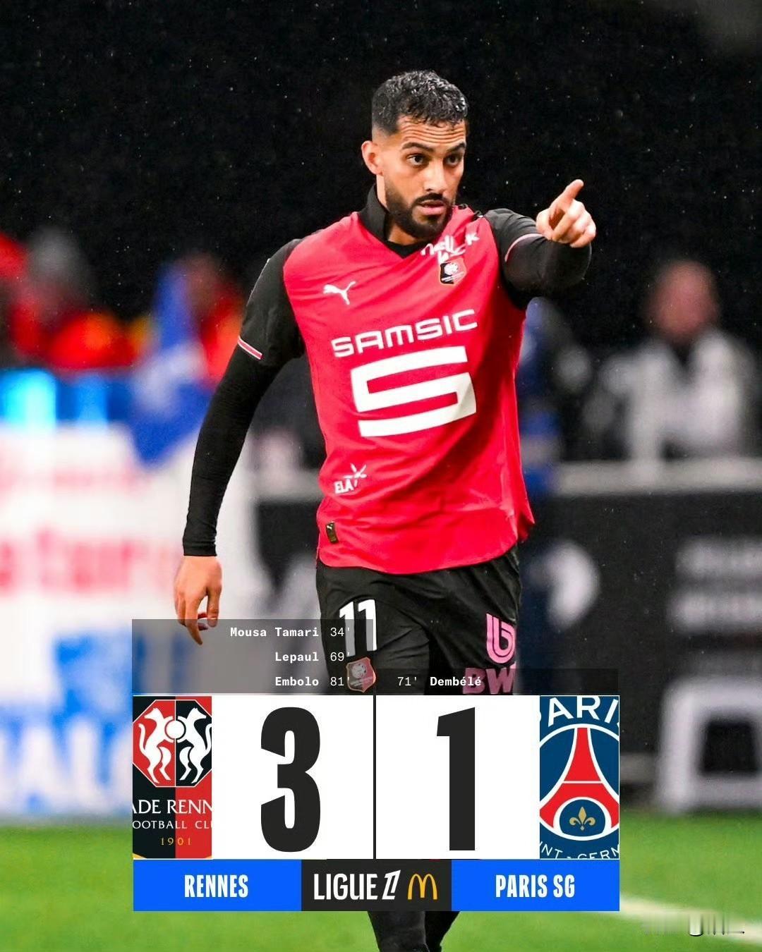 雷恩3-1巴黎圣日耳曼赛后巴黎直接内