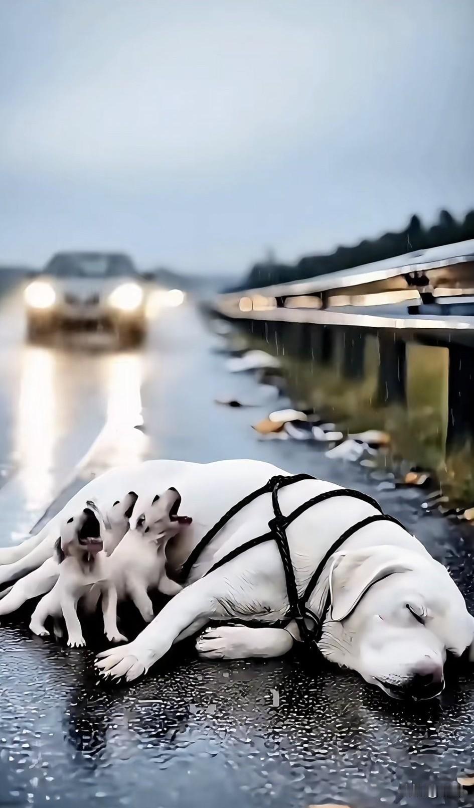 泪目了！一只可怜的狗妈妈被主人连同小狗一起遗弃在了一条马路上，这天还下起了大雨，