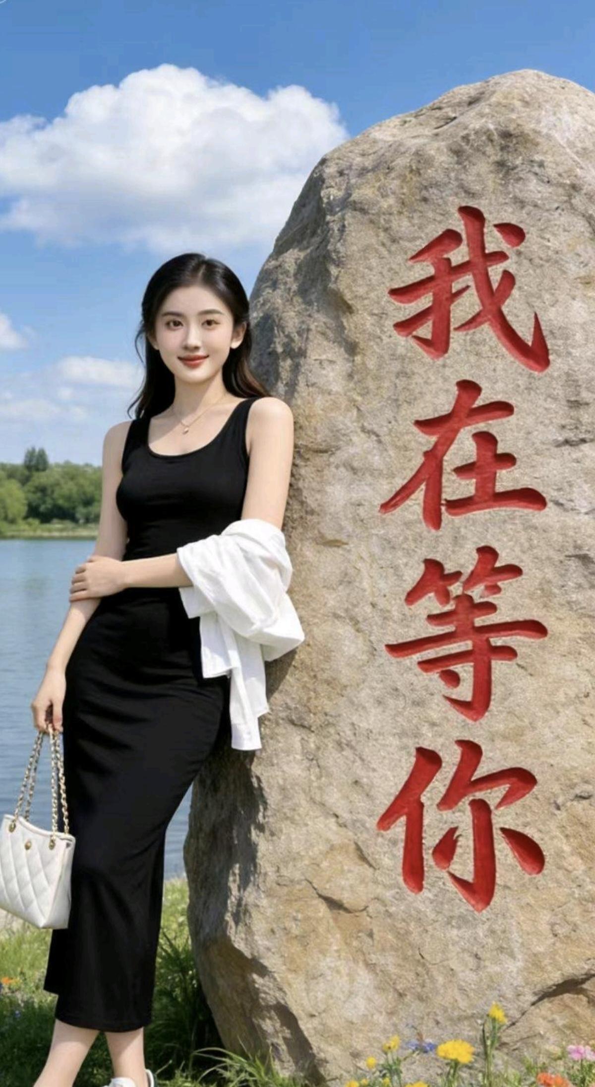 这块石碑有创意，立在湖边打卡地。心里有爱不用说，…………………………请你