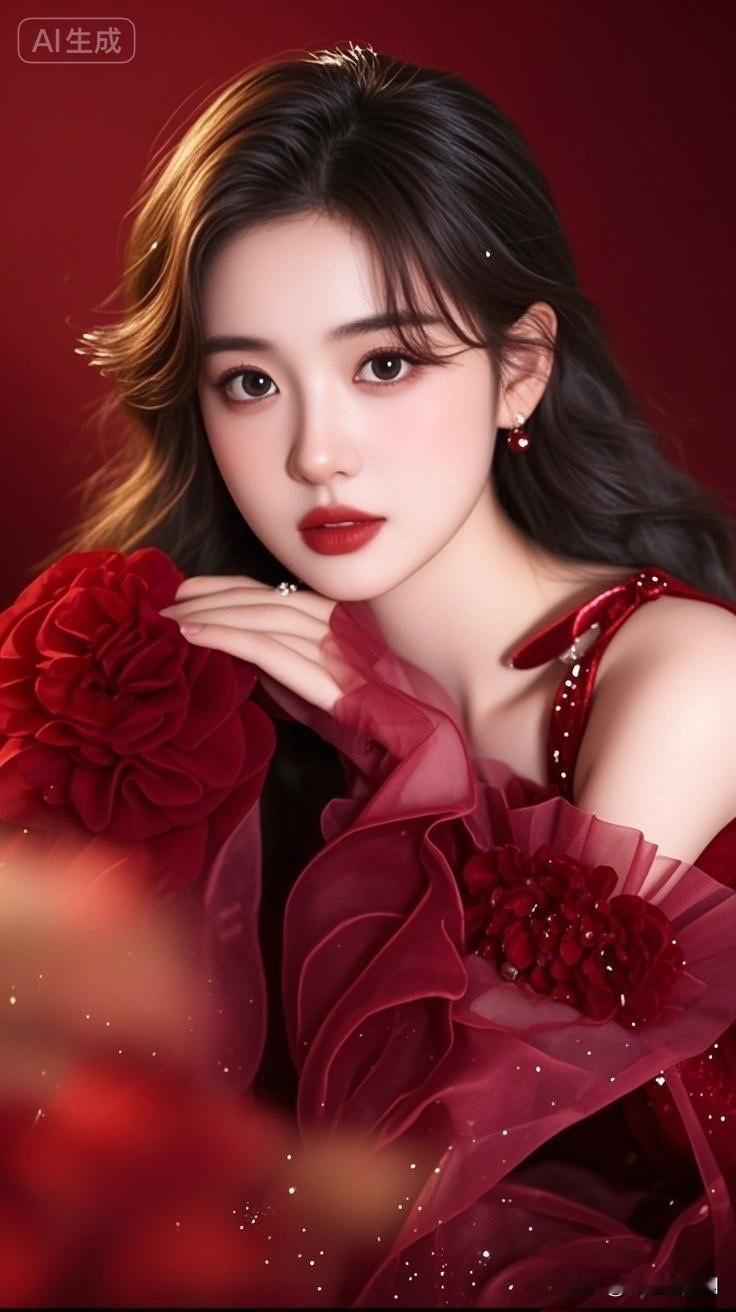 优雅红衣少女，玫瑰花瓣环绕，AI生成美照