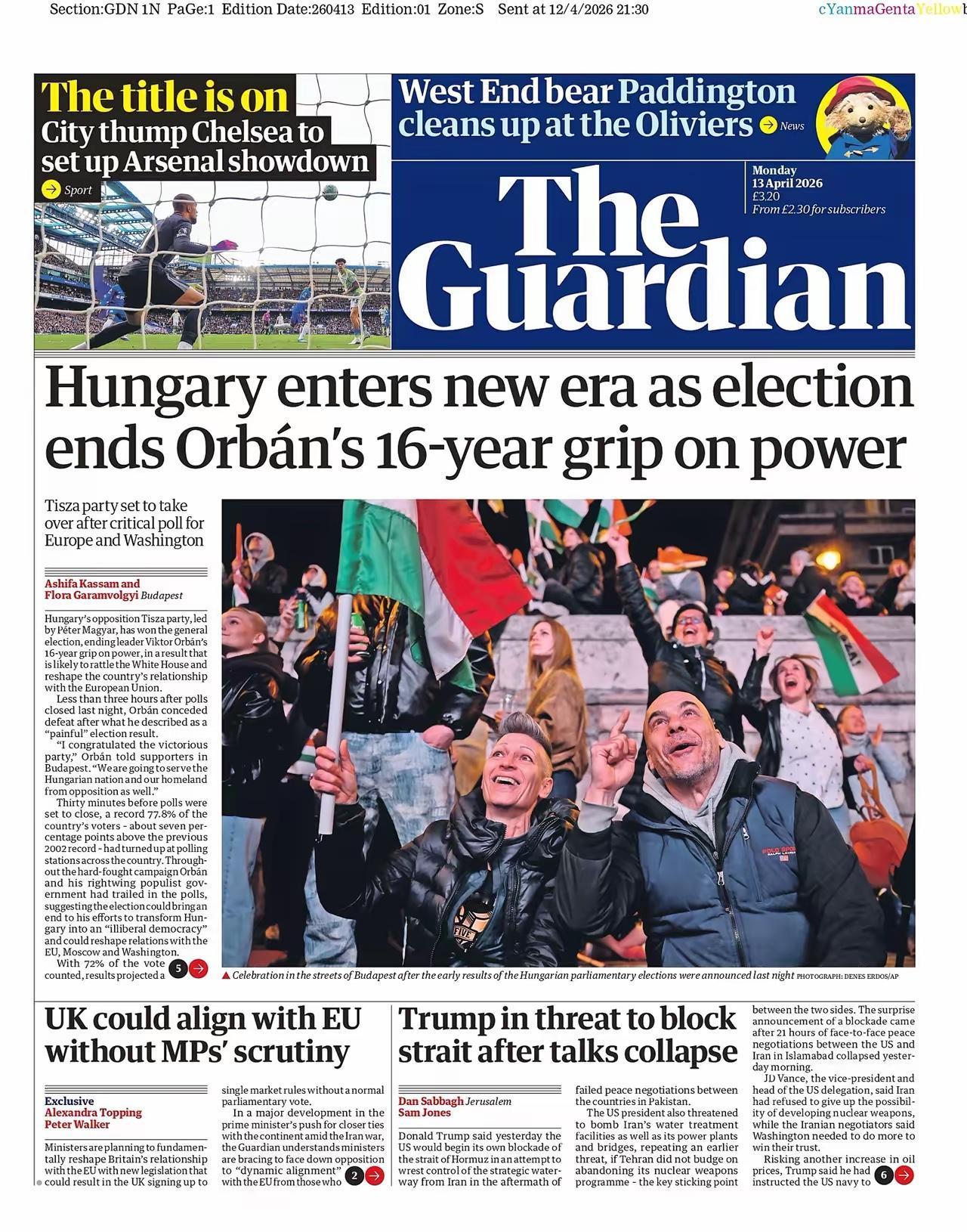 《卫报》在头版刊登照片报道，东欧国家匈牙利昨天举行大选，结果由毛焦尔·彼得领导的