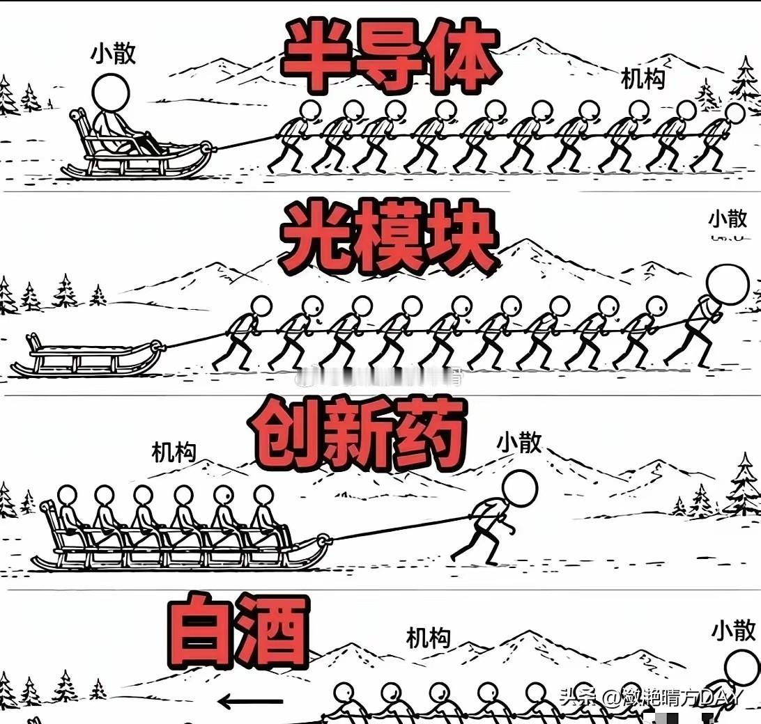 有趣，半导体、光模块、创新药、白酒在股市当下的情形，只有玩股票的朋友才会懂得，确