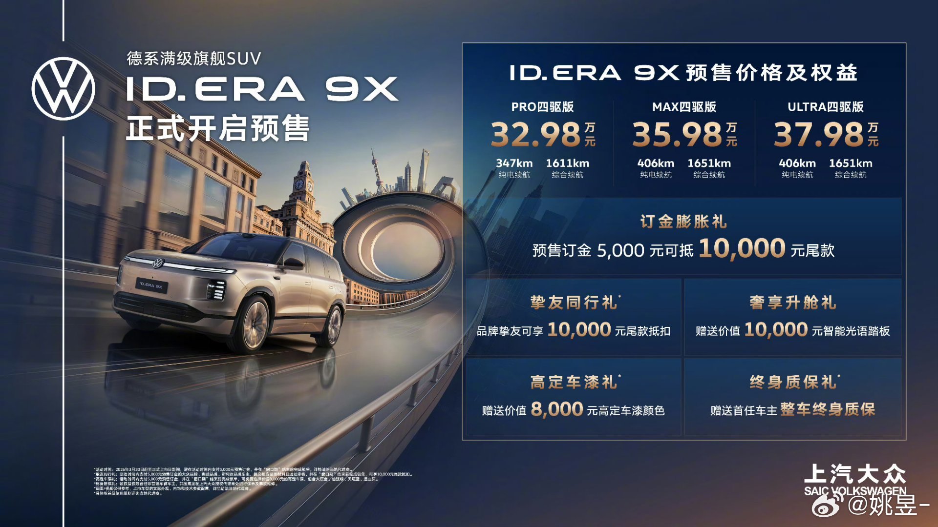 上汽大众ID.ERA9X今天开启预售：Pro四驱版：32.98wMax四驱