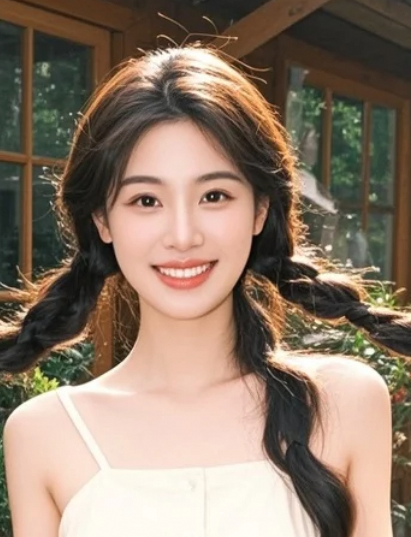 微卷长发慵懒扎起，她站在小屋前，笑靥如花，仿佛时间都为她停驻