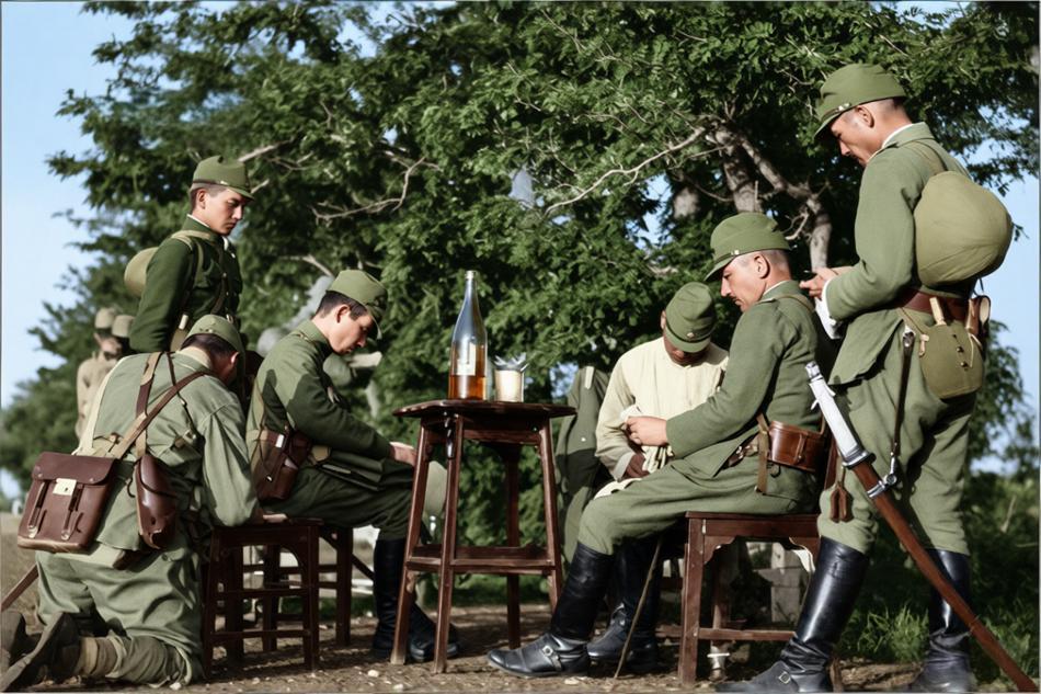 1937年7月，卢沟桥事变爆发后的前线，五六名日军军官及士兵围坐在树荫下的简易野