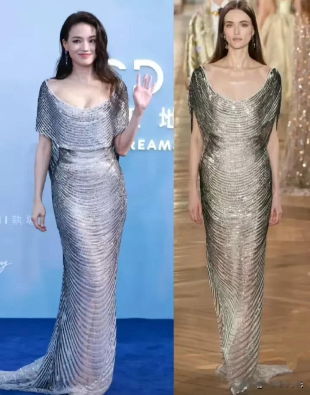 这组对比照绝了，同一款礼服，舒淇和模特穿出了截然不同的韵味。舒淇是眼角眉梢都