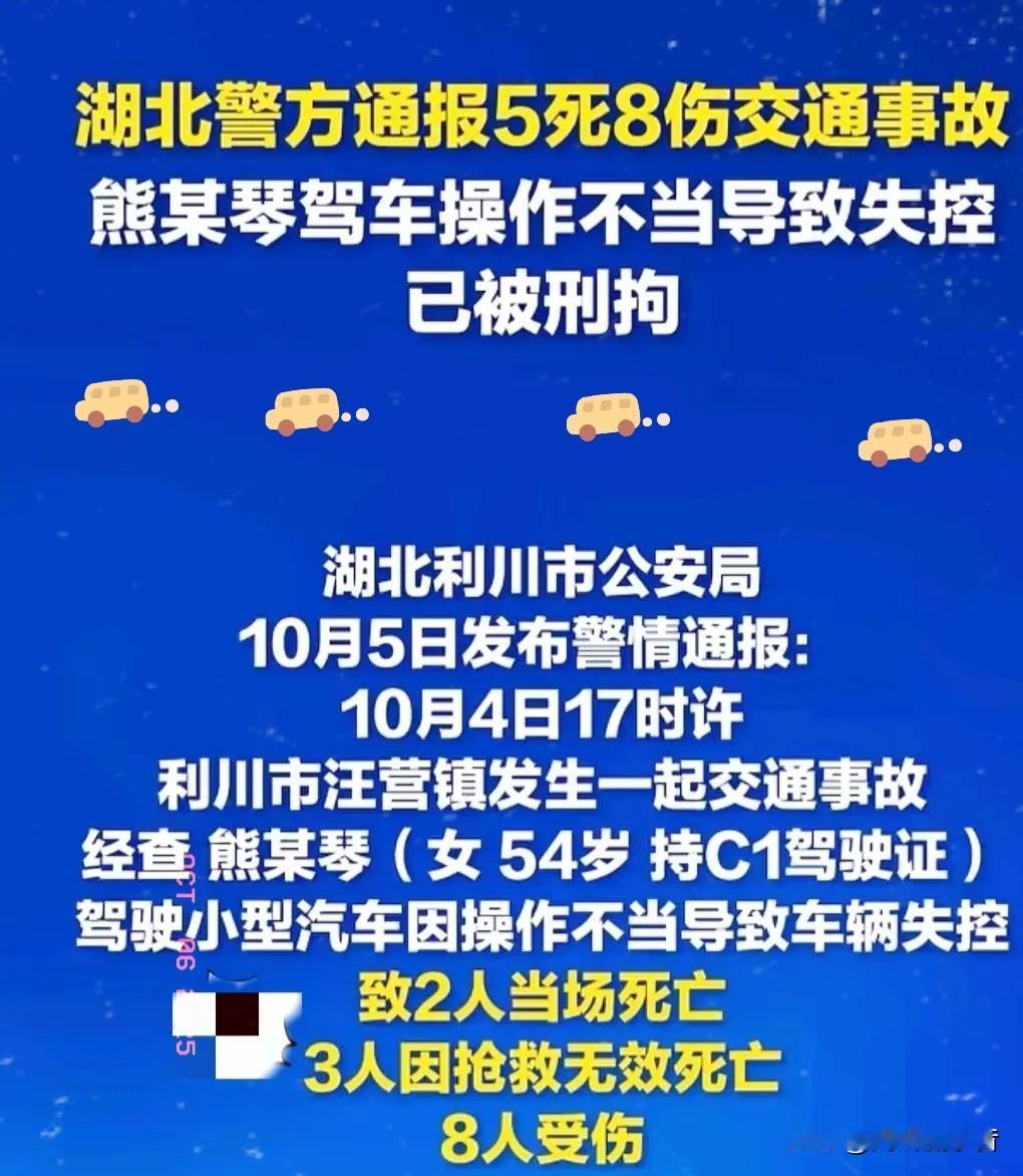 五人遇难八人受伤。利川发生一起严重车祸，54岁阿姨开车上路，因事故赔偿倾