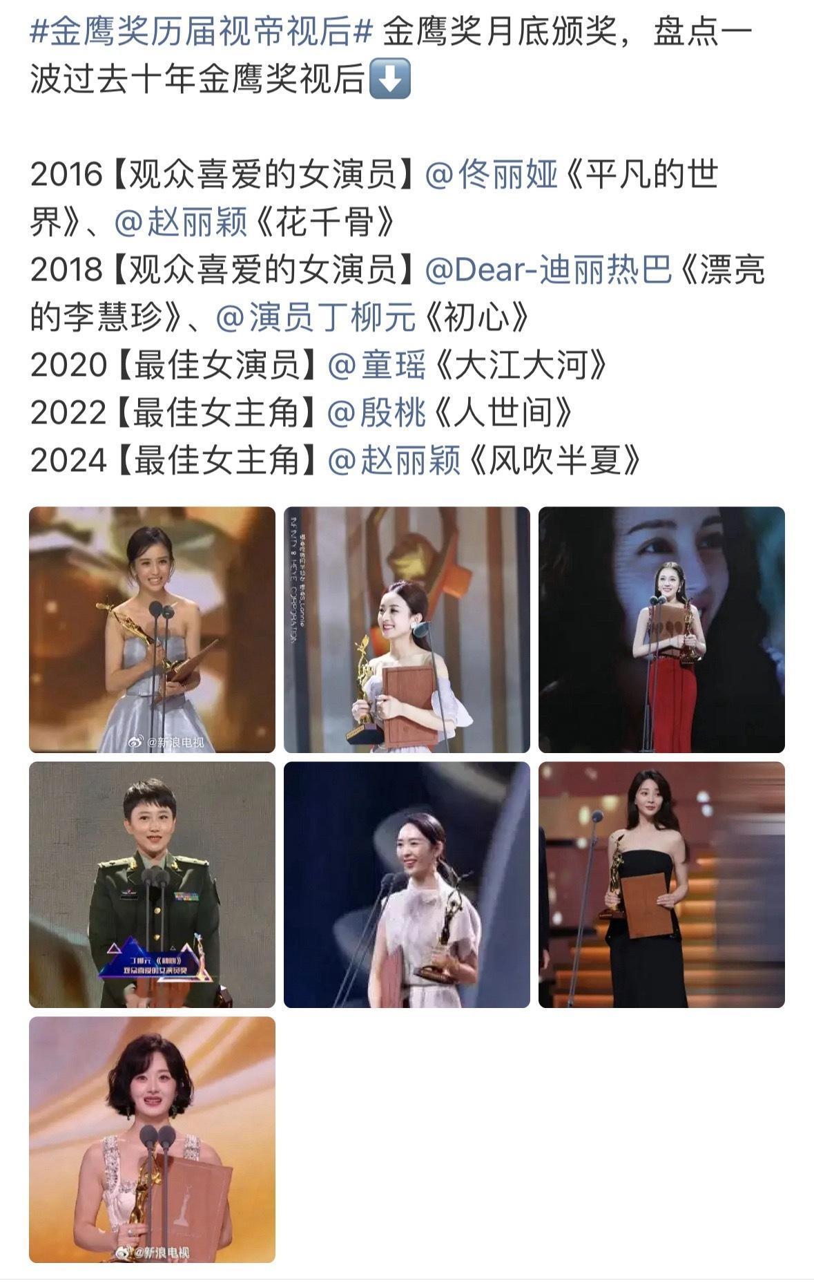 新浪第二次发金鹰奖历届视后了赵丽颖、迪丽热巴好优秀呀流量里的实力派