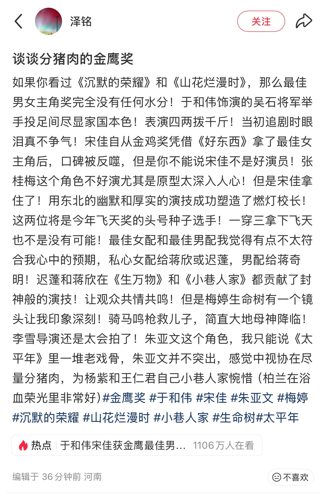 金鹰奖获奖名单宋佳金鹰视后于和伟最佳男主实至名归，这剧放到任何一个电视剧奖项里获