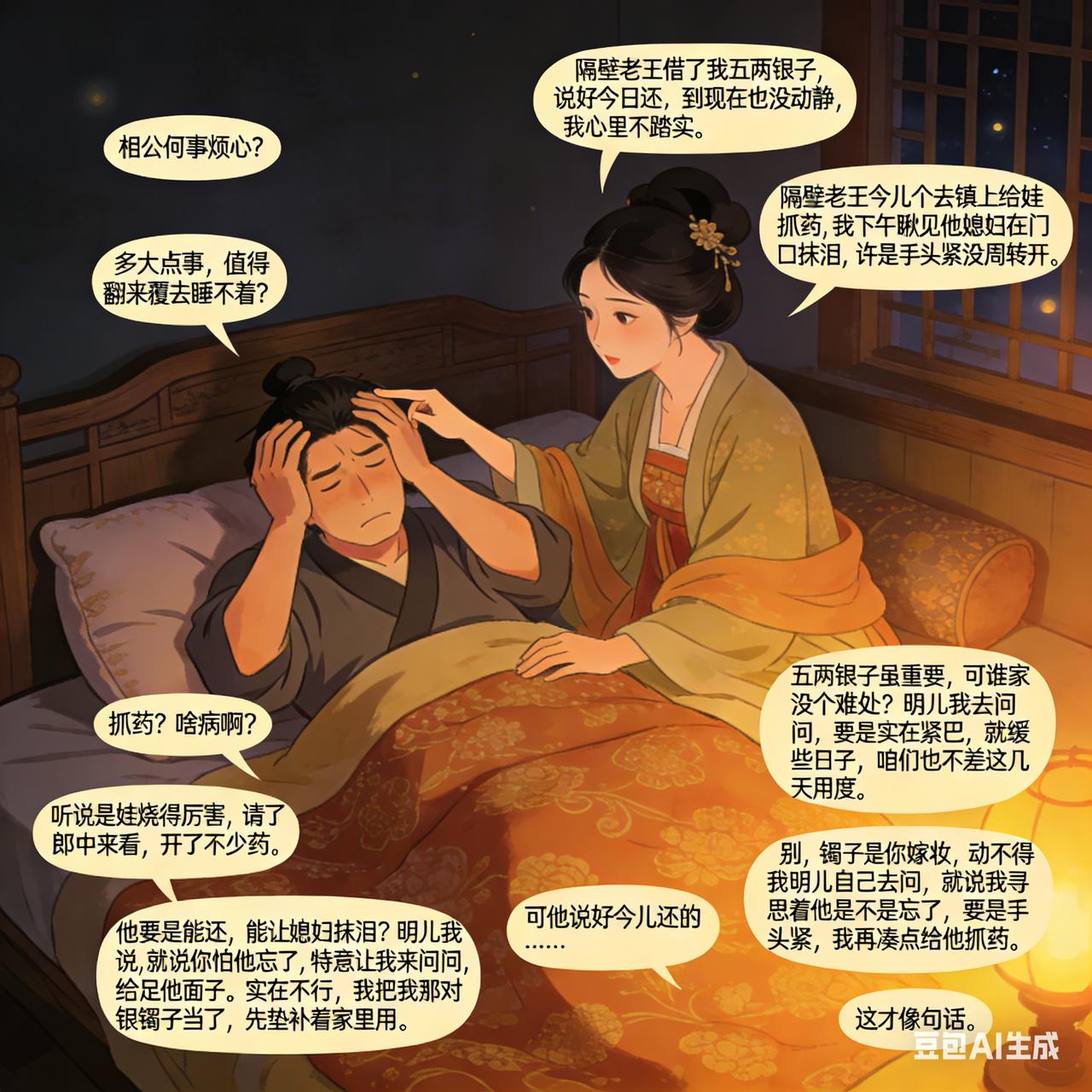 古代夫妻搞笑段子夜里，丈夫在床上翻来覆去唉声叹气。妻子问：“相公何事烦心