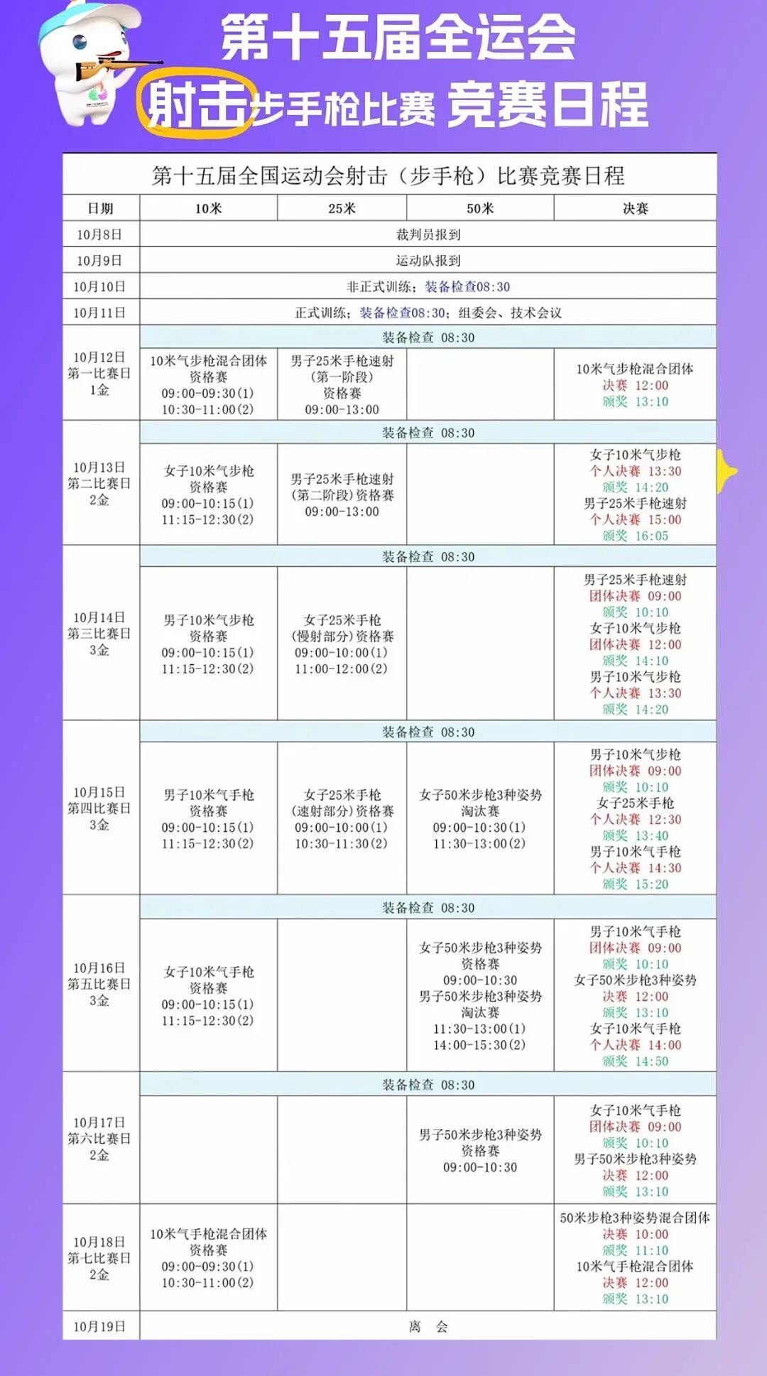 第十五届全运会射击步手枪比赛竞赛日程第十五届全运会​​​