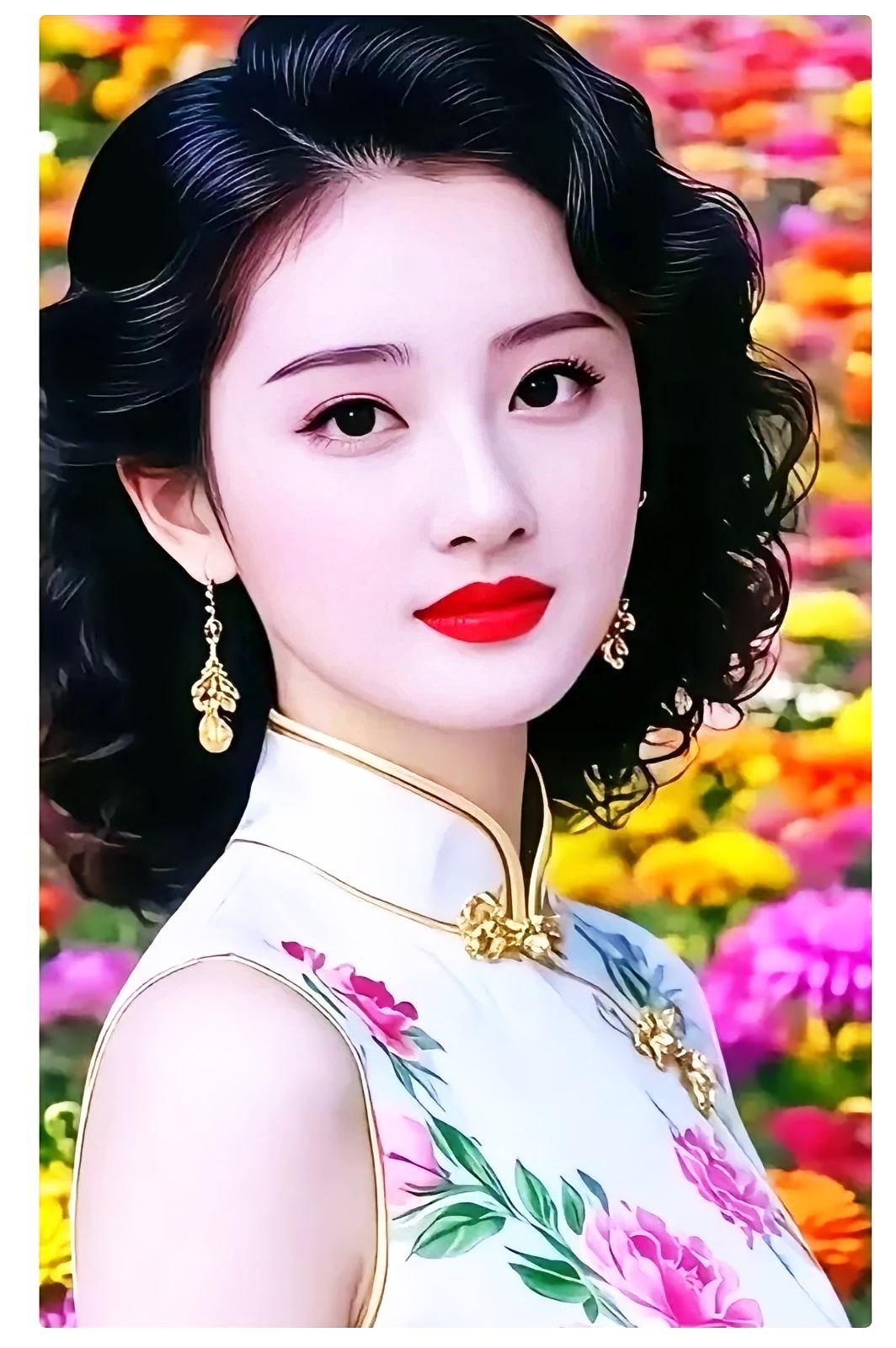 复古风华，红唇与花海相映成趣，尽显东方韵味。