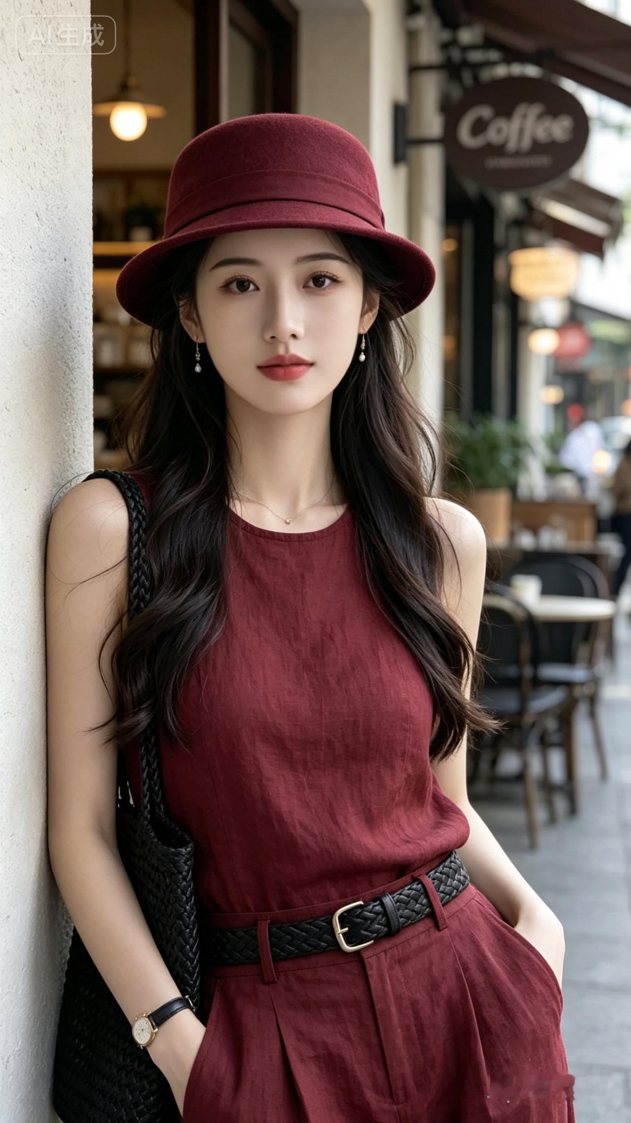 这姑娘在咖啡店门口摆姿势呢。