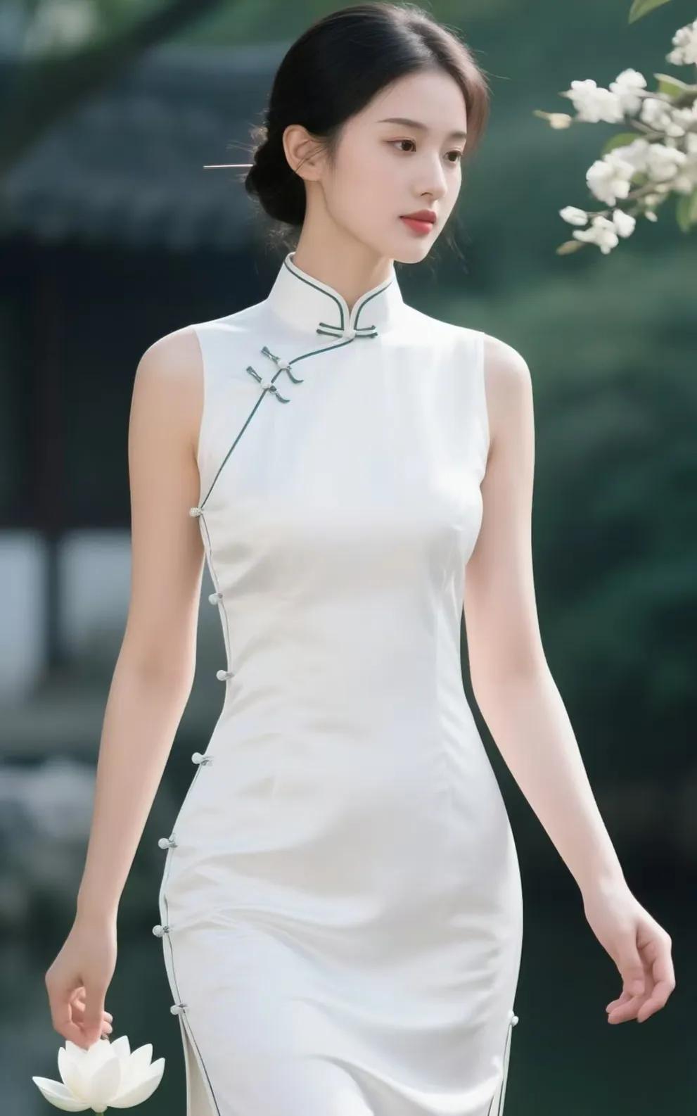 一袭白旗袍裹身，美女身姿窈窕，如云间仙子。眉眼含情，莲步轻移，尽显东方温婉与典雅