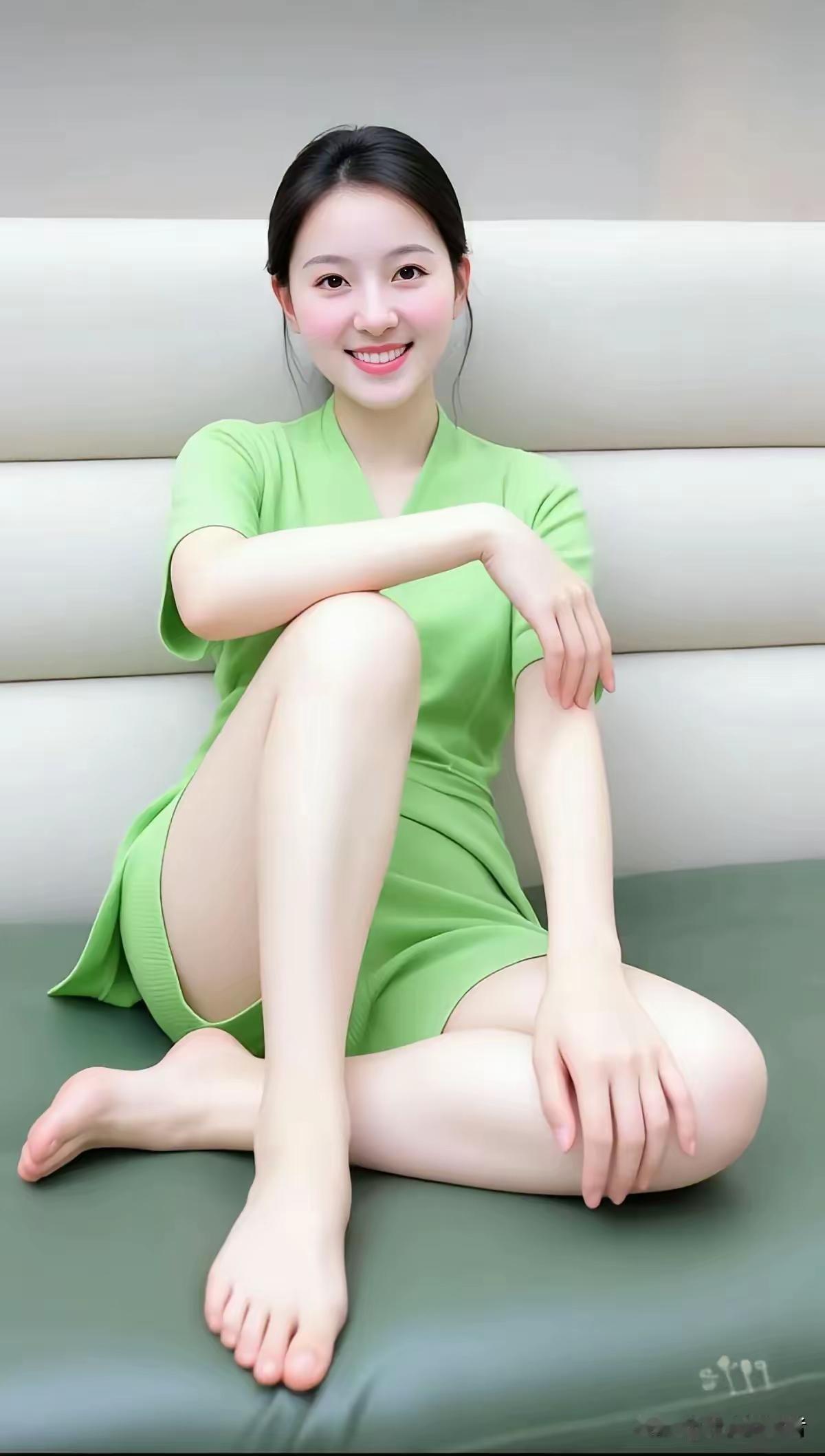 闲坐沙发上，舒心自在时。一身清浅绿，含笑享安怡。AI人像